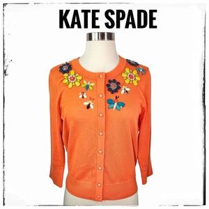 Kate Spade Orange Floral Beaded Kati Cardigan Size Medium